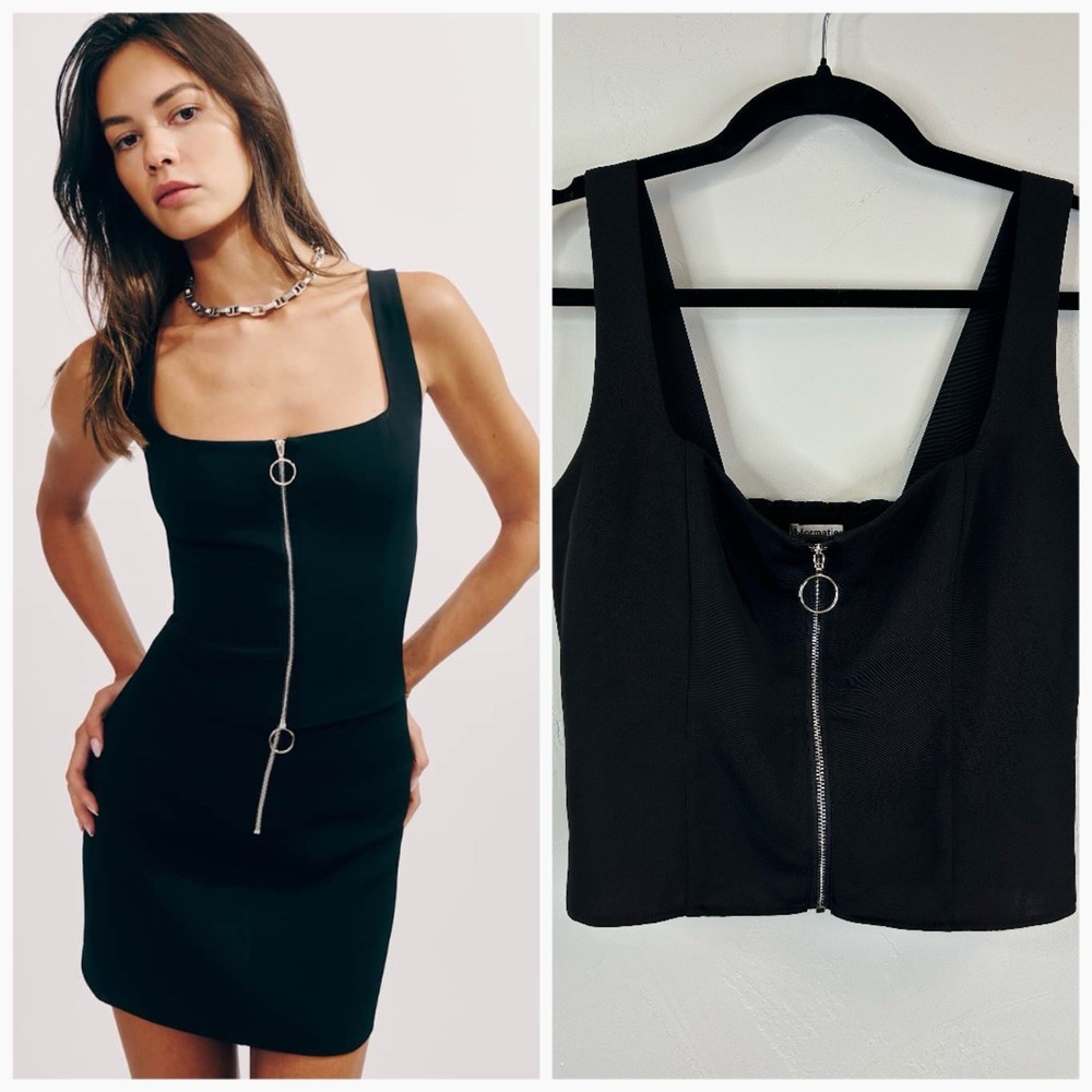 Reformation Zip Front Austin Tank Top Size 4 Black Sleeveless Square Neck Goth